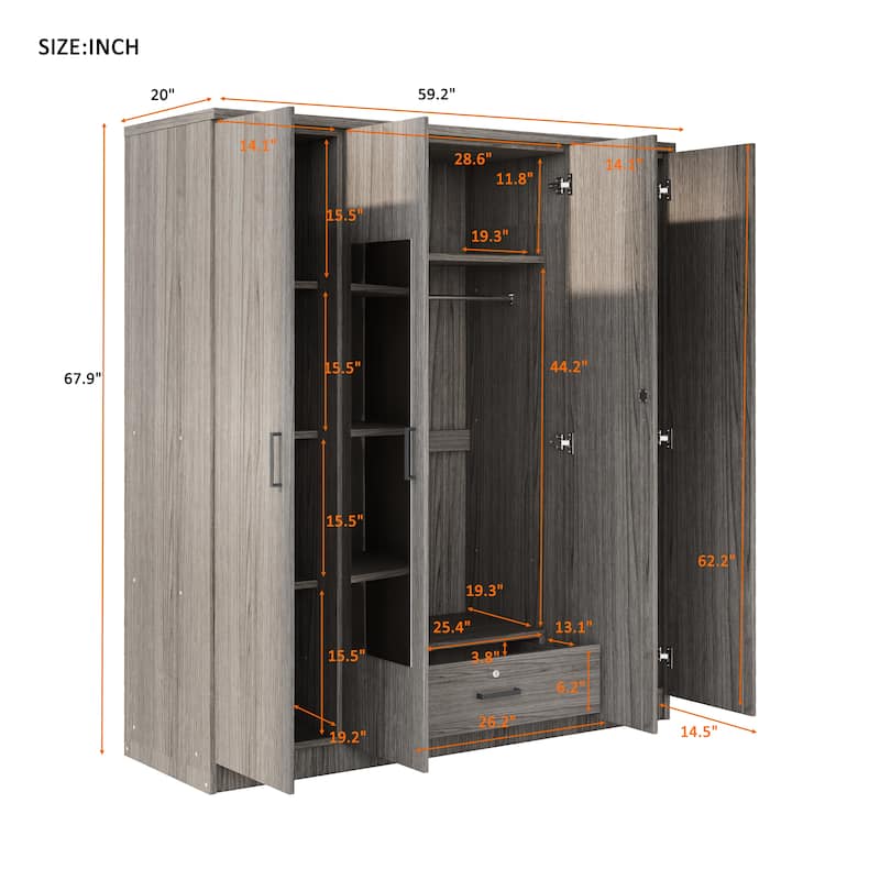 4-Door Mirror Wardrobe with shelves