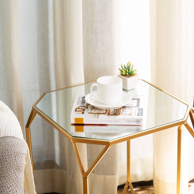 Glitzhome Modern Metal Glass Accent Table Nesting Side Table(Set of 2)