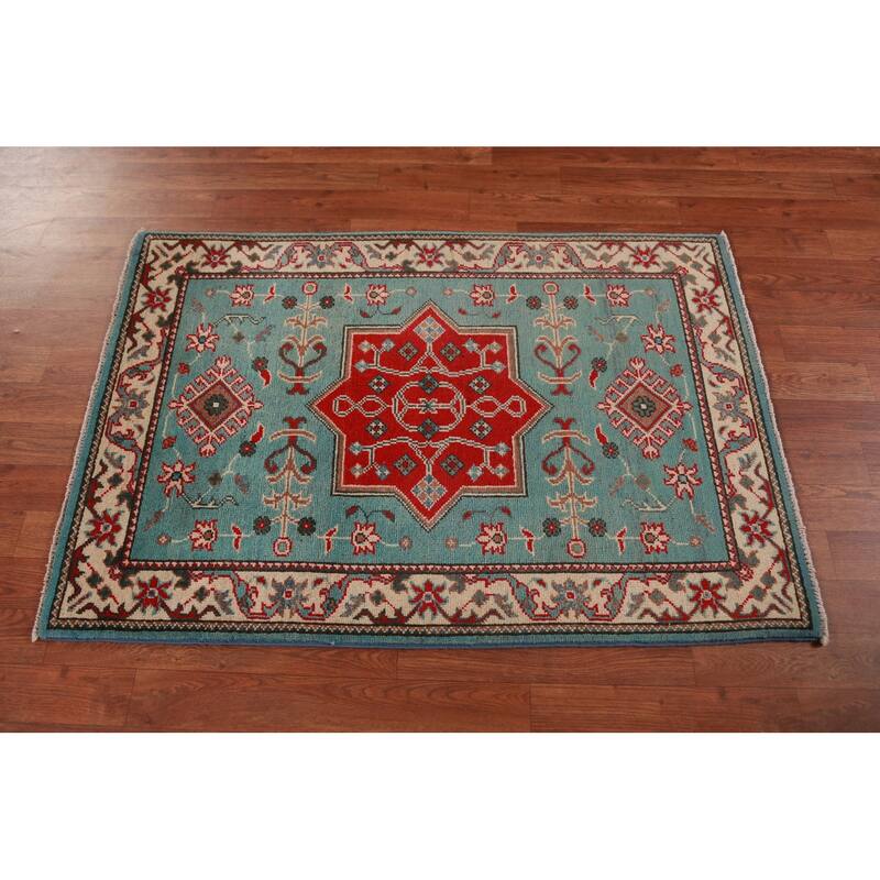 Geometric Kazak Foyer Rug Hand-Knotted Blue Traditional Wool Carpet - 2'8"x 4'0"