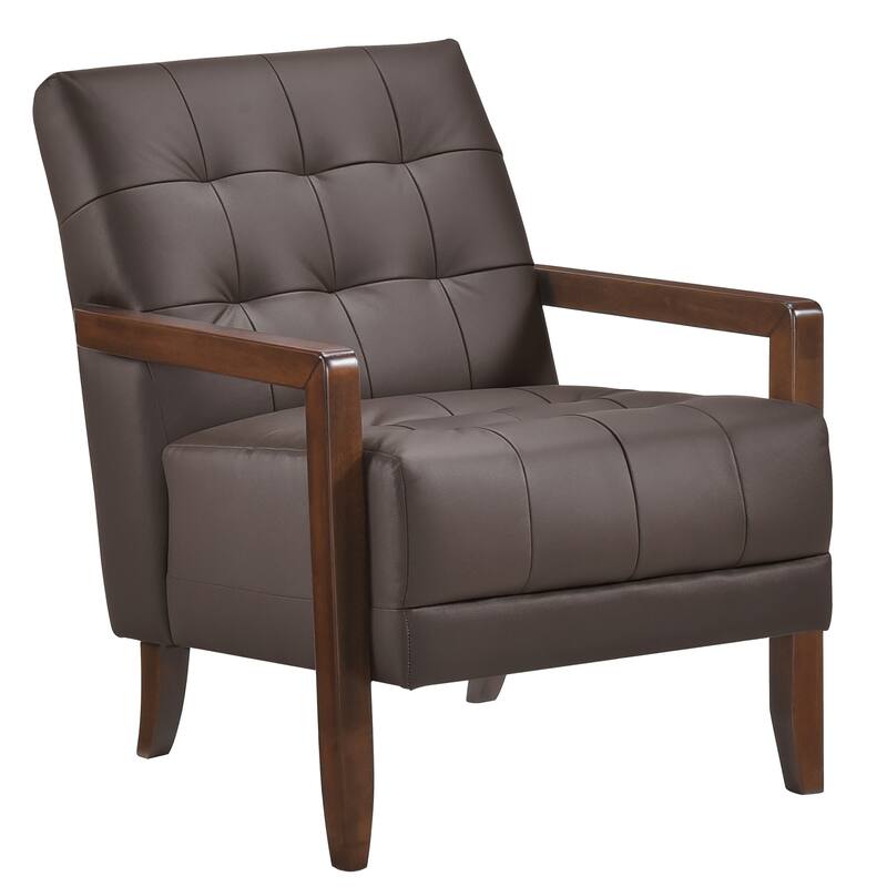 Lenie Accent Armchair, Button Tufted Dark Brown Leather, Wood Frame
