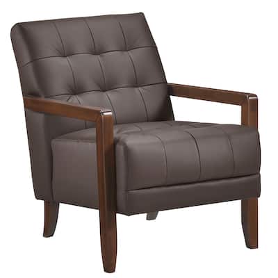 Lenie Accent Armchair, Button Tufted Dark Brown Leather, Wood Frame