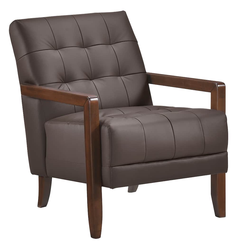 Lenie Accent Armchair, Button Tufted Dark Brown Leather, Wood Frame
