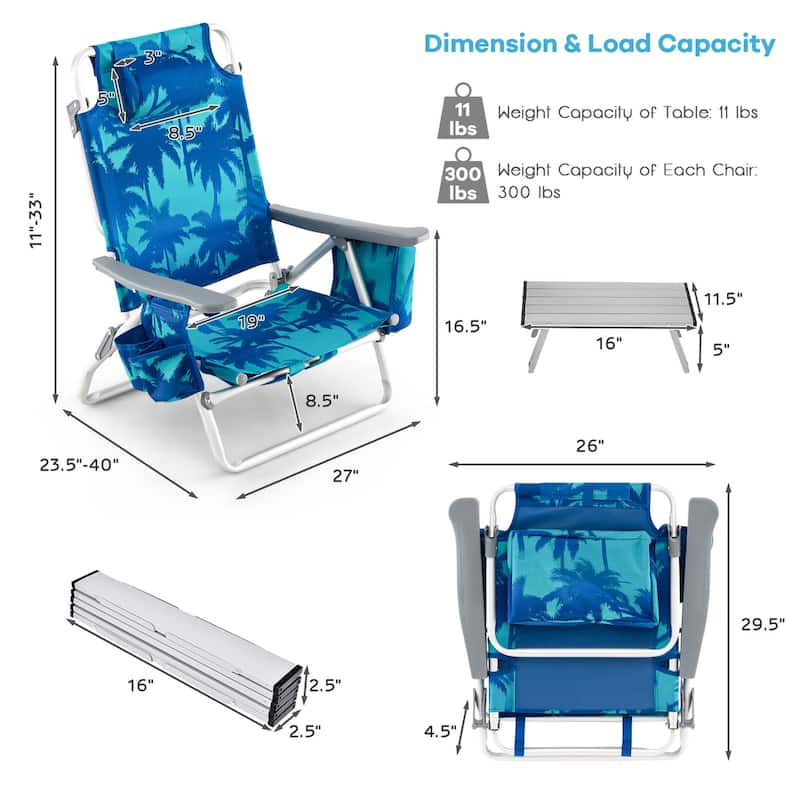 Costway 2-Pack Folding Backpack Beach Chair Table Set 5-Position