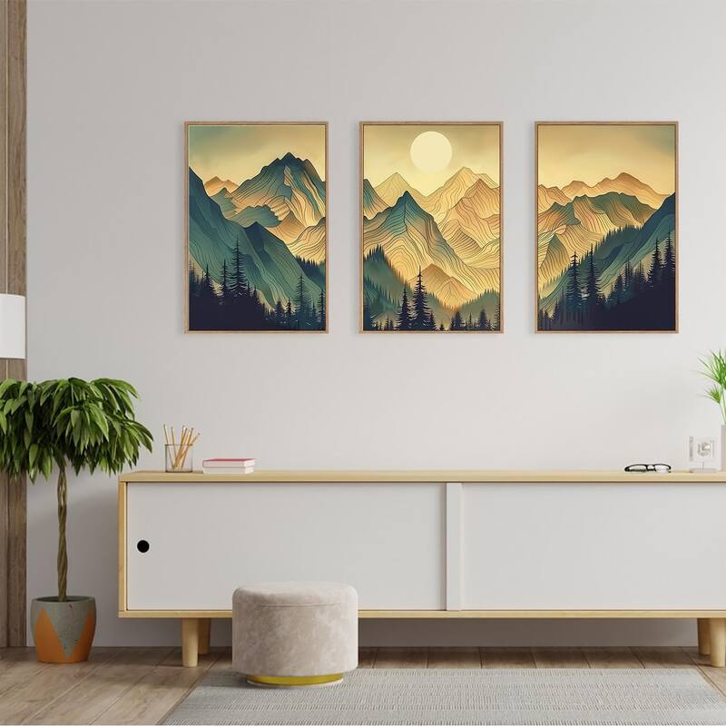 Mountains Forests Framed Canvas Wall Art Set, Abstract Woodland