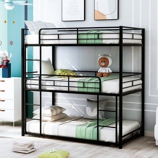 Black Twin Steel Triple Bunk Bed with Guardrails, Ladders