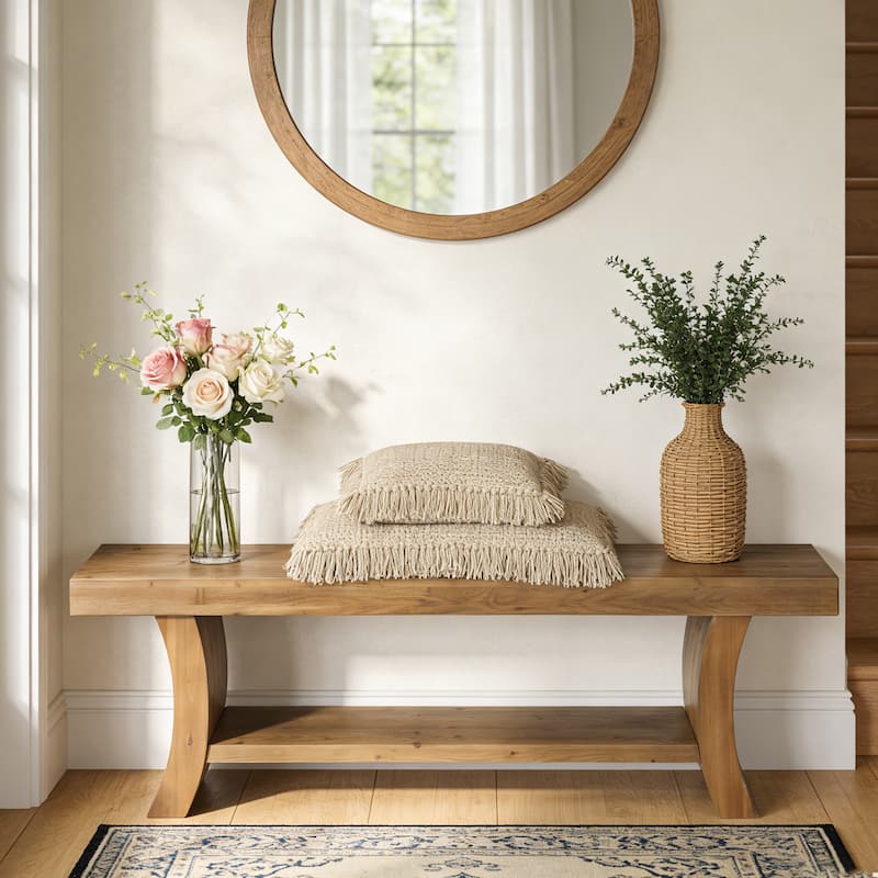 Solid Wood Entryway Bench, 2-tier Farmhouse Shoe Storage Bench