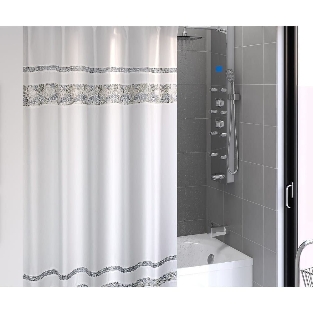 Spa Tile White Soft Fabric Shower Curtain with Multicolor Embroidered Tile Bands