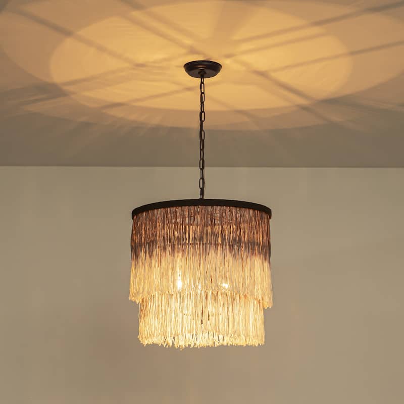 17.7" 3-Light Bohemian Farmhouse Purple Round Hand-made Cotton Fringe Tiered Hanging Chandelier Living Room,Bedroom