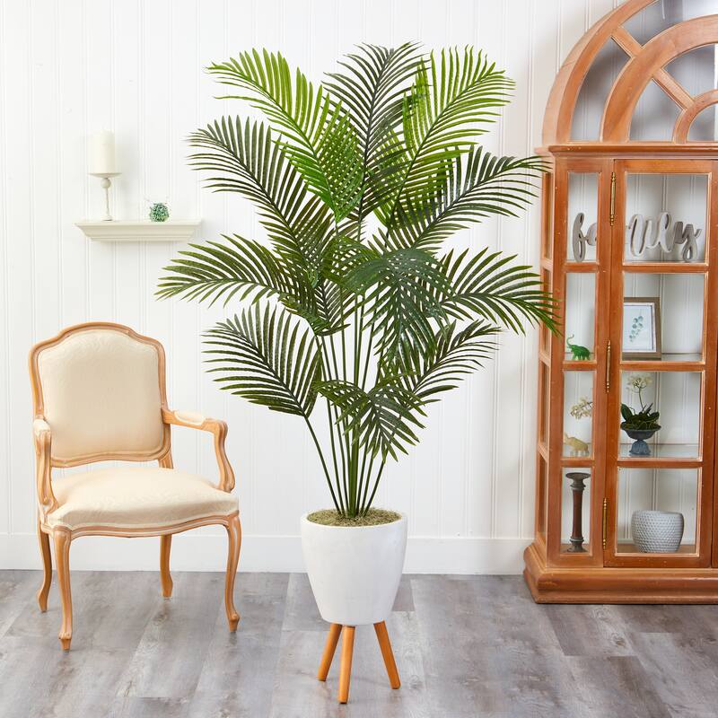 6.5' Golden Cane Artificial Palm Tree in White Planter with Stand - 21"