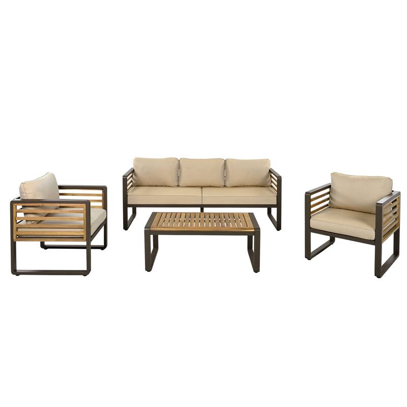 5-Person Outdoor Conversation Set with Removable Cushions and Stylish Metal Frame and Acacia Wood