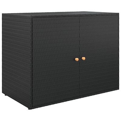 Outdoor Storage Cabinet, Solid Acacia Wood, 39 Inch Black PE Rattan