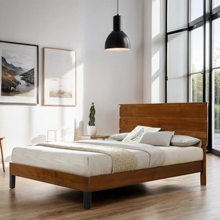 Mid-Century Modern Queen Bed Frame, Solid Pinewood, Three-Piece ...