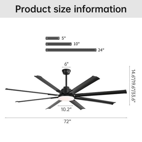 72 Inch Ceiling Fan with Light and Remote Smart App, 8-Blade Large Ceiling Fan for