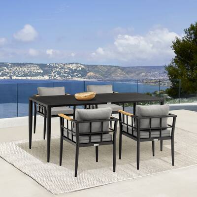 Beowulf Outdoor Patio 5-Piece Dining Table Set in Aluminum and Teak with Grey Cushions