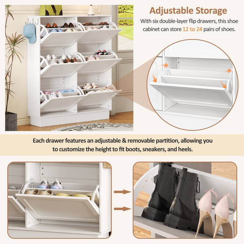 Narrow Flip Drawer Shoe Storage, Space Saving Entryway Organizer with Adjustable Shelf, Free-Standing Shoe Rack with 3 Hooks