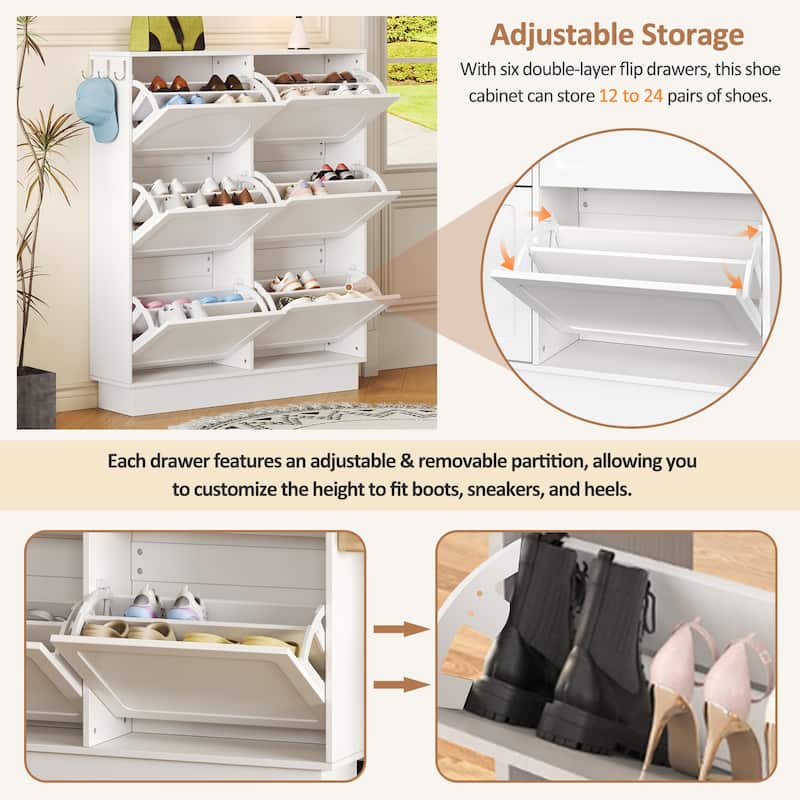 Sleek Cream-Colored Tipping Bucket Shoe Cabinet – Entryway Organizer with 6 Flip Drawers, Adjustable Shelf & 3 Silver Hooks