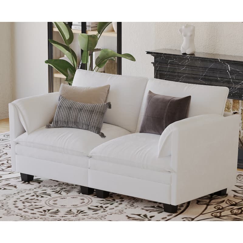 Solid Wood Loveseat Sofa, Fabric Upholstered Straight-Row 2 Seat Sofa, Lounge Sofa with Armrests for Small Spaces, Bedroom - Beige