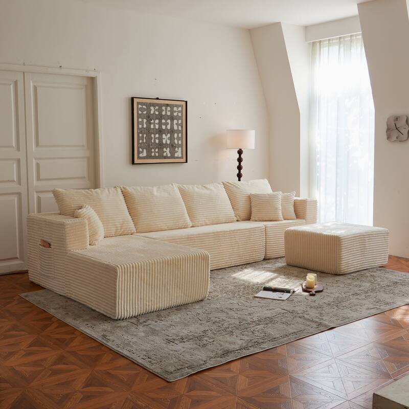 Corduroy Modular Sectional Sofa with Ottoman, U Shaped Upholstered Couch