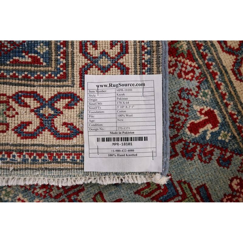 Light Blue Kazak Oriental Runner Rug Handmade Wool Carpet - 2'1" x 5'10"