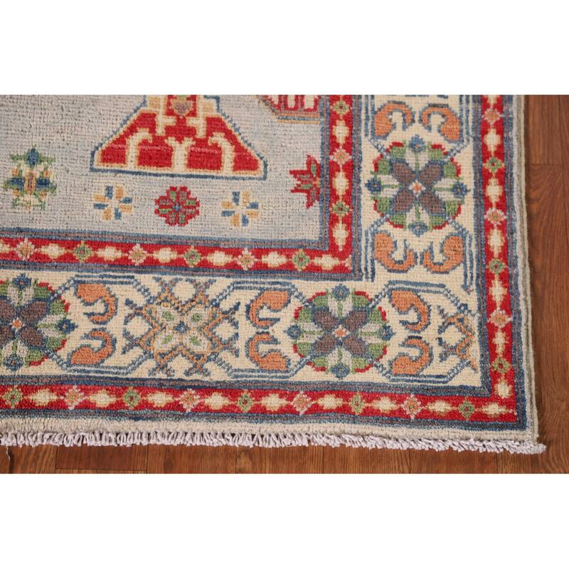 Geometric Grey Kazak Oriental Accent Rug Hand-Knotted Wool Carpet - 3'3"x 4'11"