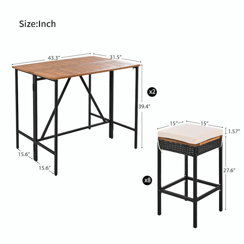 10-Piece Outdoor Bar Height Dining Set with Acacia Wood Table and 8 Stools