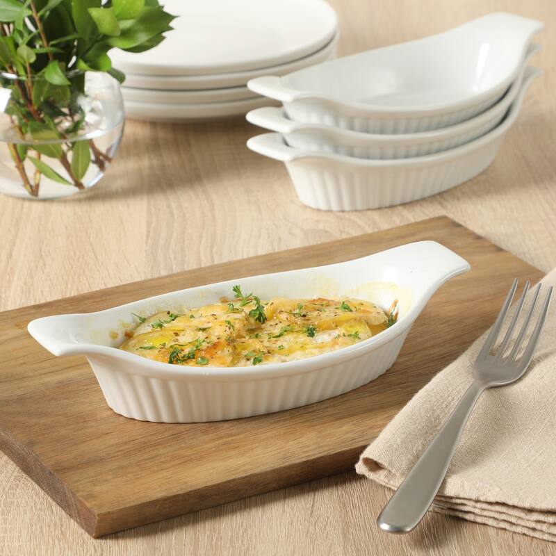 Gibson Home Gracious Dining Oval Au Gratin Baking Dishes, 4-Piece Set - 9oz or 15oz Oven Safe Ceramic with Handles - white