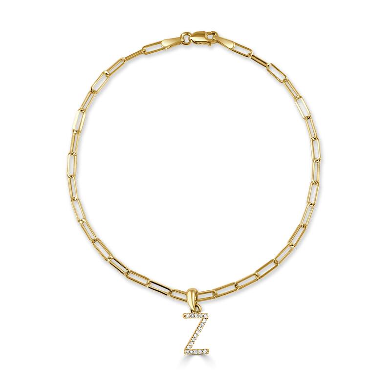 Joelle Collection Diamond Initial Letter A-Z Bracelet Paperclip 14K Gold 7" Chain 1/10 TDW Bracelet - Z - Yellow