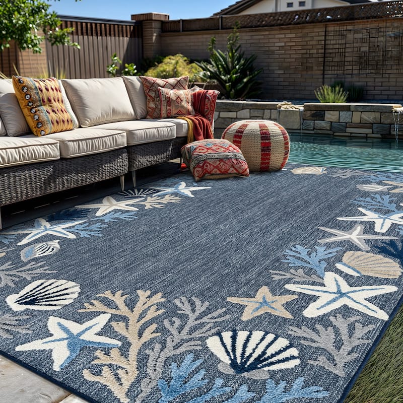 World Rug Gallery Indoor/Outdoor High-Low Textured Area Rug, Coastal Border Easy-Clean Patio Rug - 5' x 7' - Navy