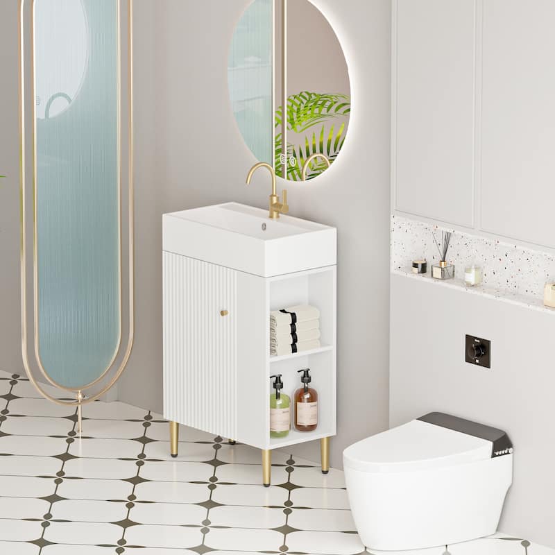 Open-shelving Bathroom Vanity with Ceramic Sink and Soft-Closing Door, Cloakroom Open Shelf Storage Cabinet on the Left Side