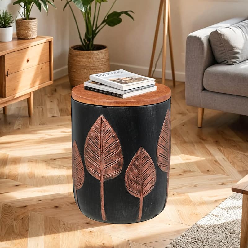 EROMMY Outdoor Side Table with Storage, Round Accent Table for Indoor and Outdoor Use, Rustic Side Table with Storage - Leaf Pattern - Black