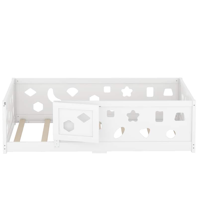 Solid Wood Montessori Floor Bed Frame, Geometric Shaped Floor Bed with Fence and Door, Wooden Slats Support