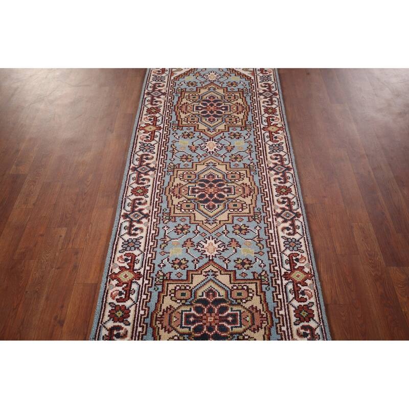 Light Blue Heriz Serapi Oriental Runner Rug Hand-Knotted Wool Carpet - 2'6"x 8'1"
