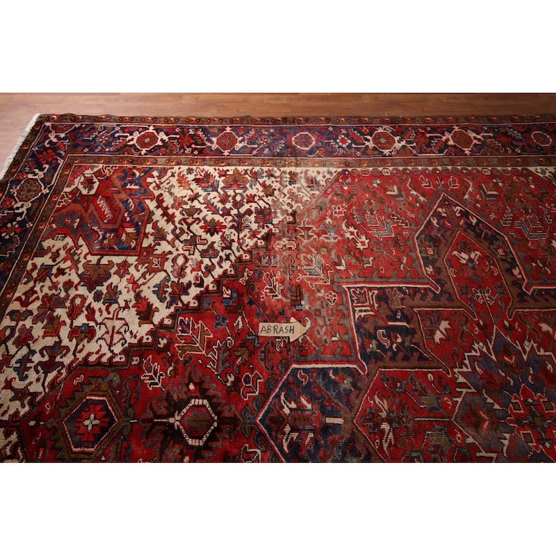 Geometric Heriz Vintage Persian Area Rug Hand-Knotted Wool Carpet - 10'4" x 12'9"