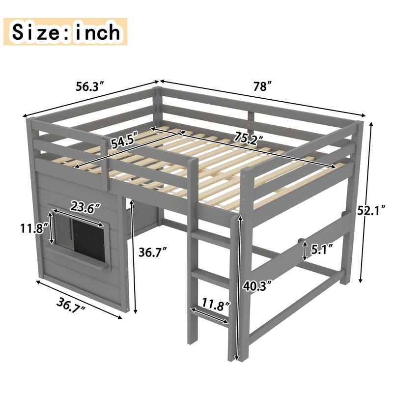 Roomfitters Low Loft Bed with Sliding Chalkboard and Bookshelf, House Frame Design