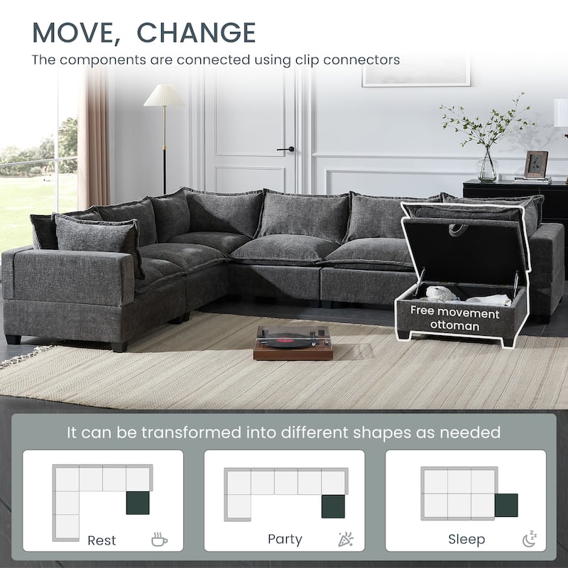 Modular Sectional Sofa With Movable Storage Ottoman,7 Seat U Shaped Couch,Wide Seat & Free Combination,Oversized Chenille Sofa