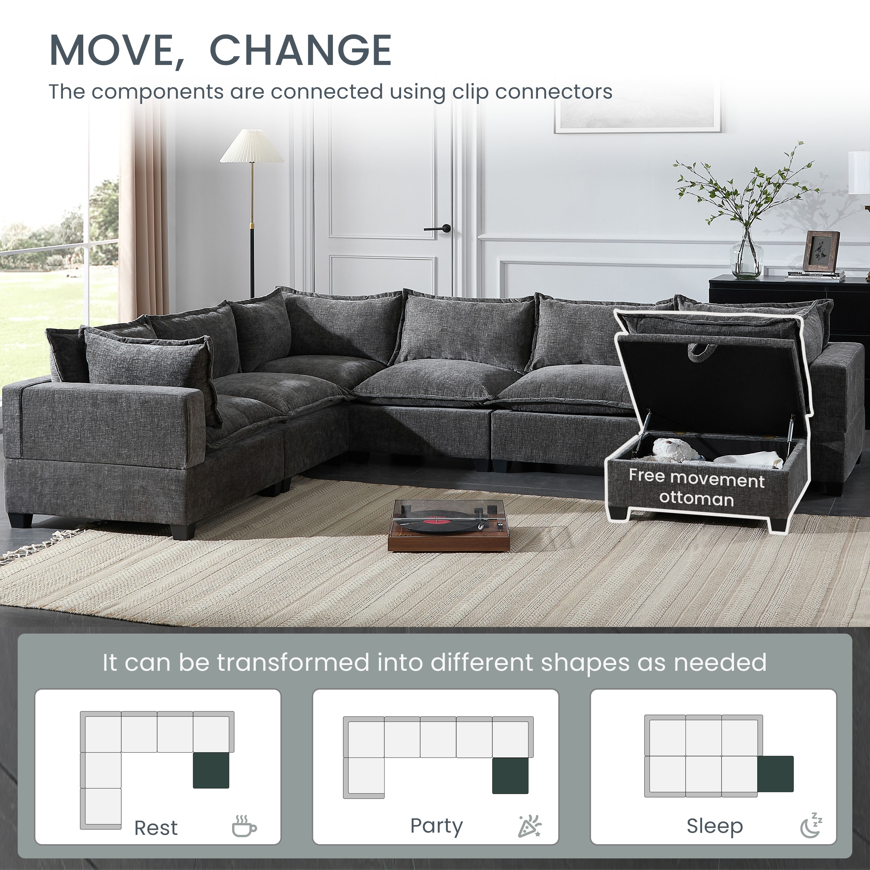 Modular Sectional Sofa with Movable Storage Ottoman,7 Seat U Shaped Couch