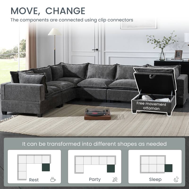 U Shaped Modular Sectional Sofa with Movable Storage Ottoman, Comfy Chenille Deep Seat Cloud Couch, Oversized 7 Seat Corner Sofa