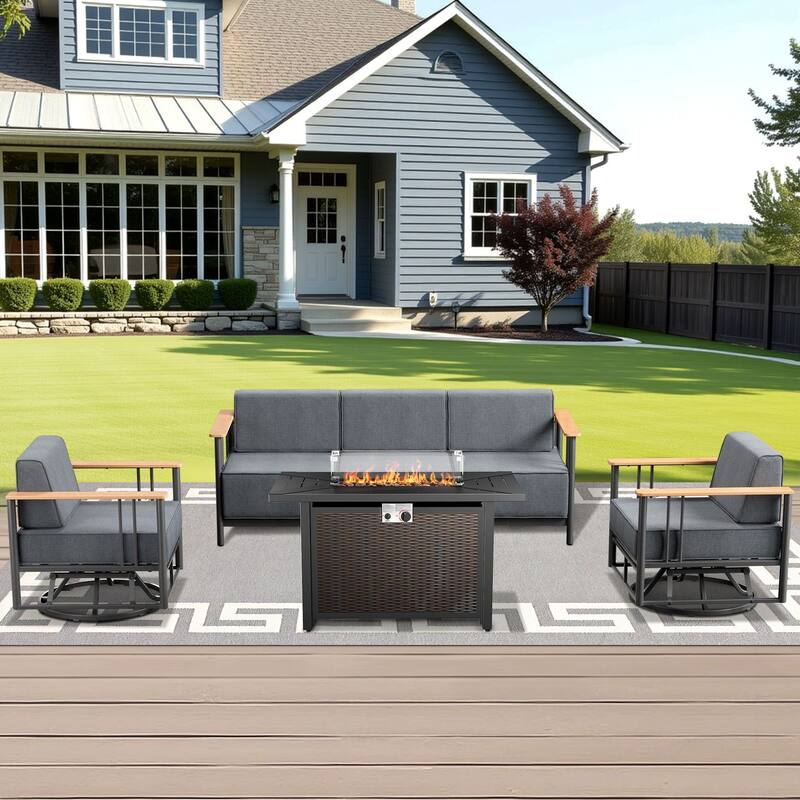 Outdoor Patio Funiture Set with Extra-Thick Seat cushion - Black & Dark Grey Cushion - 4PCS Sofa Chair with Fire Table