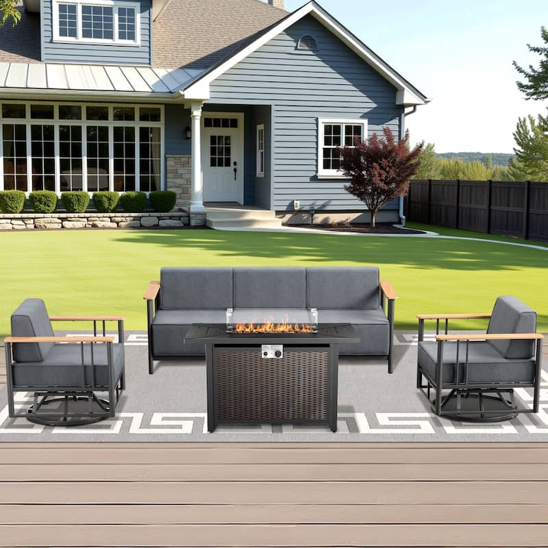 Pocassy 4PCS Sofa Chair with Fire Table - Black & Dark Grey Cushion - 4PCS Sofa Chair with Fire Table