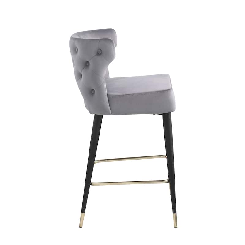 Contemporary Velvet Upholstered Counter Height Stool with Gold Tipped, Black Metal Legs, 22" W x 19" D x 38.5" H