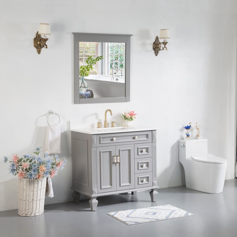 35'' H X 36'' W Solid Wood Bath Vanity with Stain-resistant Carrera Quartz Top and Single Sink