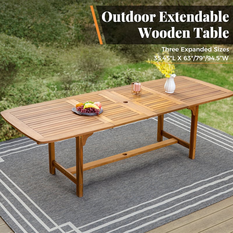 MAISON ARTS Patio Solid Acacia Wood Expandable Dining Table for 6/8 People