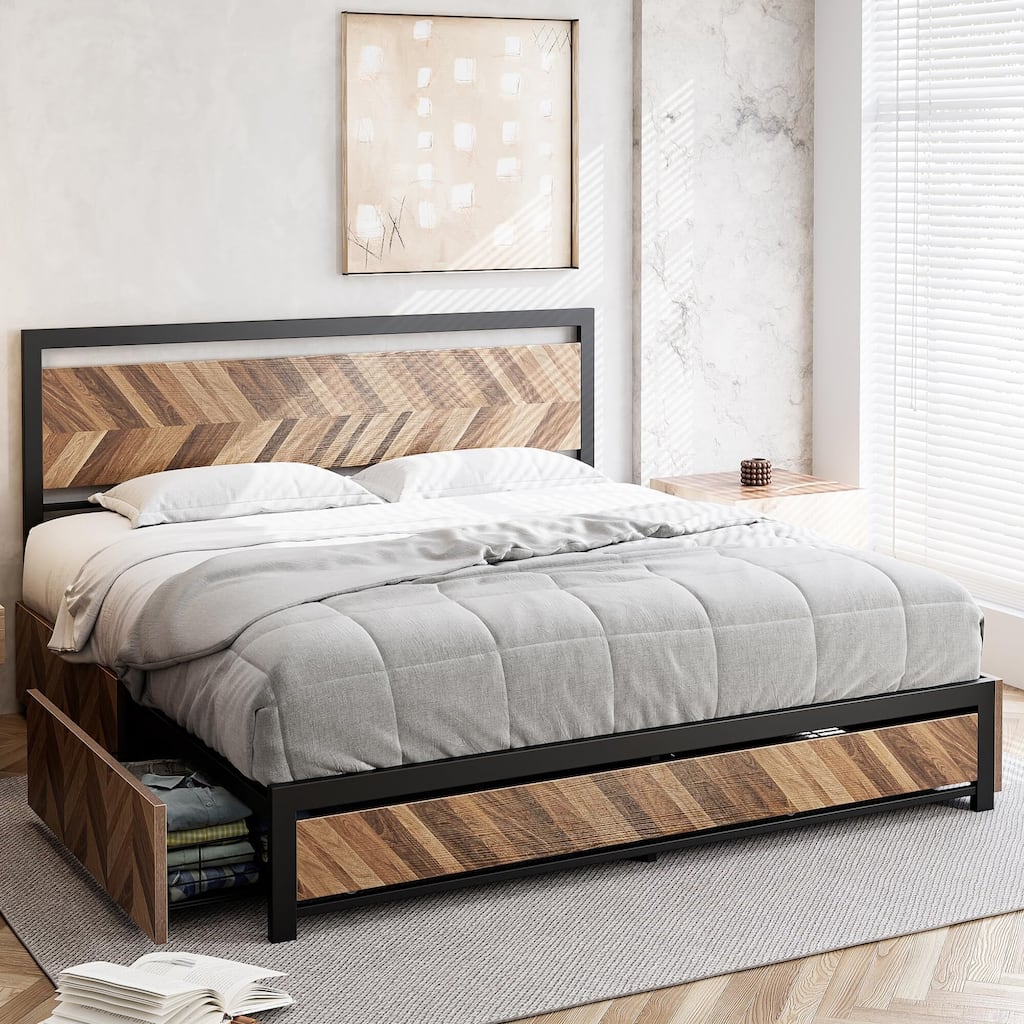 Metal Platform Bed Frame with Rustic Vintage Wood Headboard