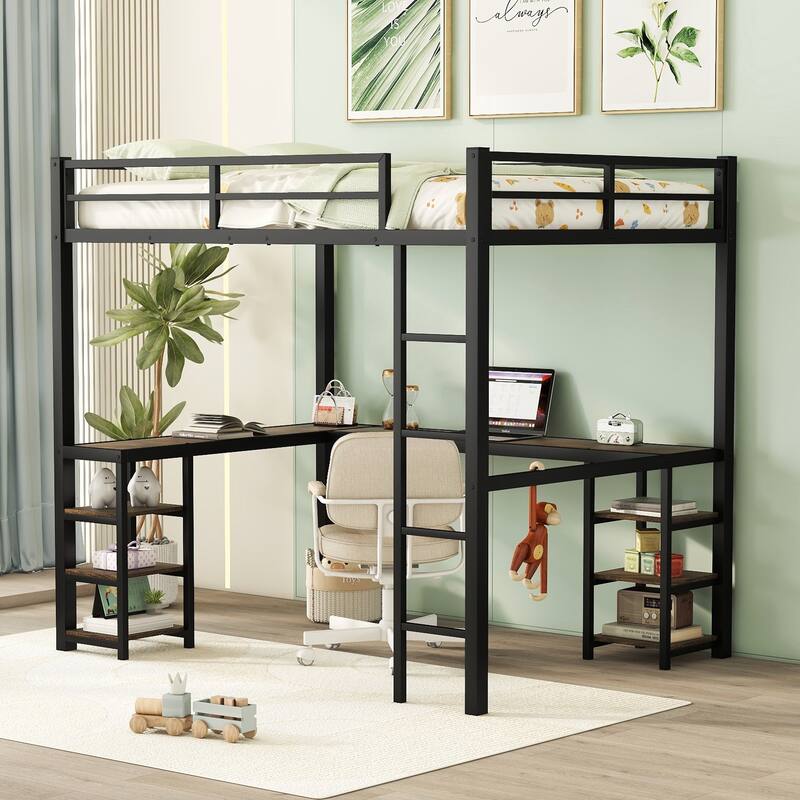 Full Metal Loft Bed with Built-in Desk and Shelves, Space-Saving Bed Frame with Ladder and Guardrails, Black - Black