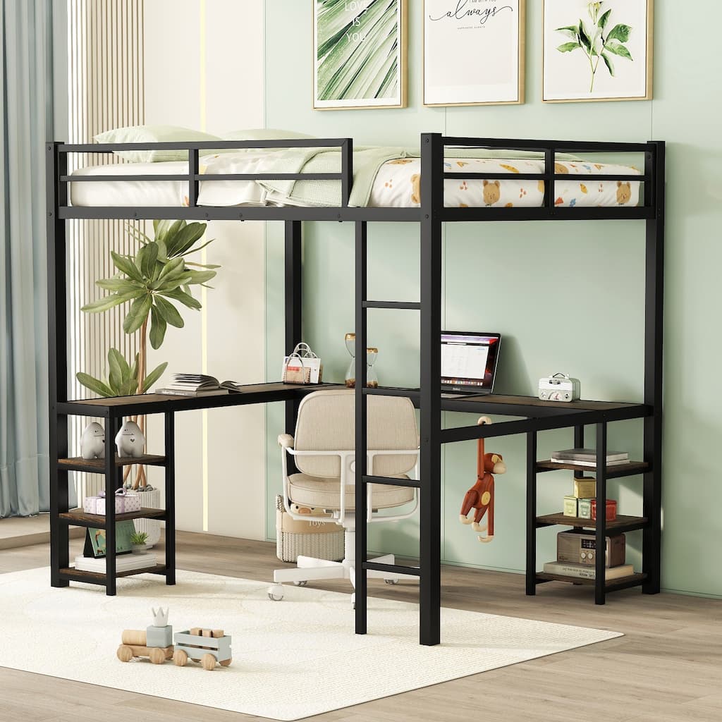 Full Metal Loft Bed with Built-in Desk and Shelves, Space-Saving Bed Frame with Ladder and Guardrails, Black