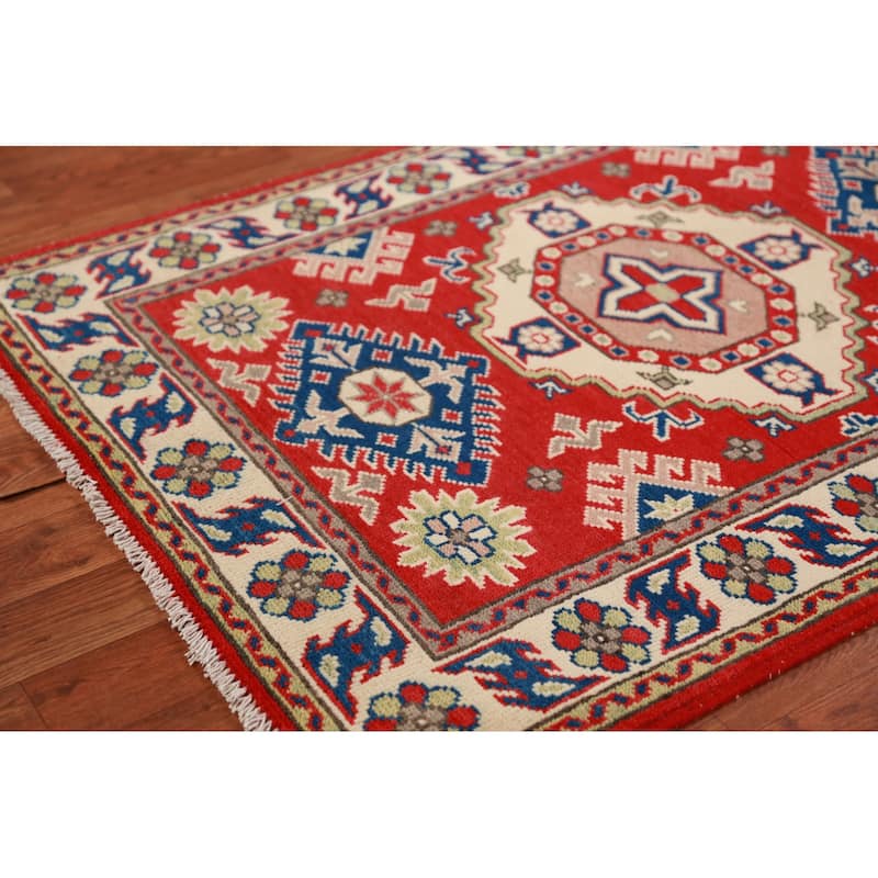Red Kazak Foyer Rug Handmade Geometric Wool Carpet - 2'11"x 3'11"