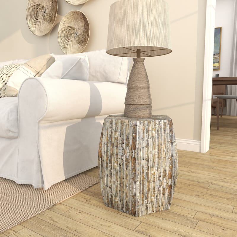 Mother of Pearl Shell Geometric Handmade Shell Mosaic Hexagon Accent Table with Brown Accents - Gray - Roche River Decor