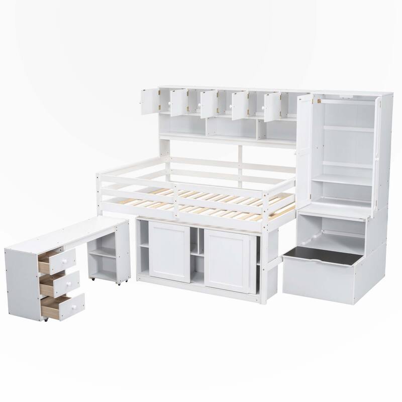 Full Size Wooden Loft Bed Big Storage with Under bed Desk