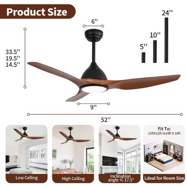 dimension image slide 5 of 19, Sofucor 42"/48"/ 52"/60"Noiseless Walnut Wood Ceiling Fan with Remote Control, Integrated Light Optional