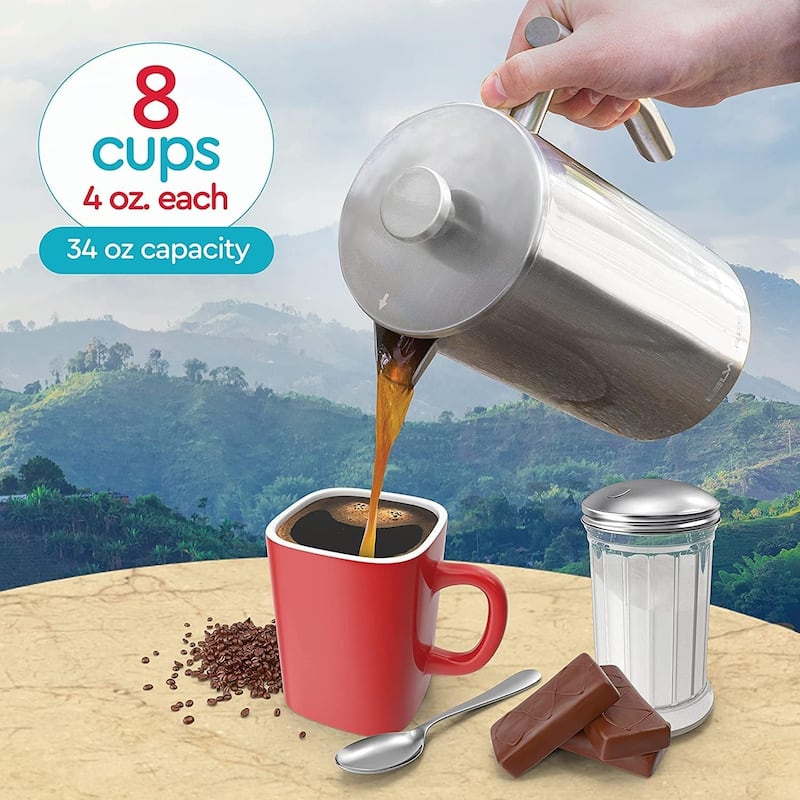 French Press Coffee Maker – Insulated Coffee Press Stainless Steel 304 – Coffee Spoon, Double Wall, & 4 Level Filtration System